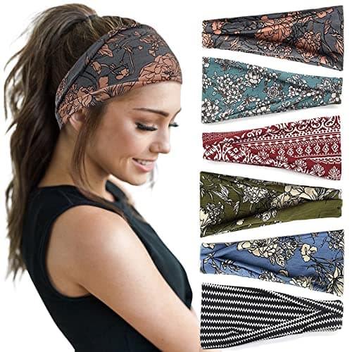Huachi Boho Headbands for Women Wide Head Bands Yoga Workout Hair Bands for Women's Hair Non Slip Summer Womens Headbands Hair Accessories 6 Pack - Image 1