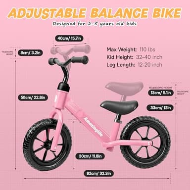 Balance Bike 2 Year Old, Toddler Balance Bike for 2 to 5 Year Old, Bike with No Pedals for Toddlers, Adjustable Seat & Handle, 135° Steering Limit, 110 lbs Capacity, Ideal Gift for Toddlers - Pink - Image 6
