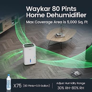 Waykar 80 Pints Energy Star Home Dehumidifier for Spaces up to 5,000 Sq. Ft at Home, in Basements and Large Rooms with Drain Hose, Handle, Auto Defrost and Self-Drying. - Image 2