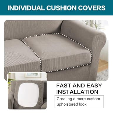 Turquoize 4 Piece Couch Covers for 3 Cushion Couch Sofa Pet Friendly Stretch Couch Cover for Dogs Washable Sofa Covers with Individual Couch Cushion Covers, Jacquard Fabric (3 Cushion Sofa, Taupe) - Image 5