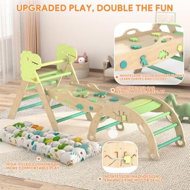 KidsBuddy Pikler Triangle Set with Cushion 9 in 1 Climbing Toys for Toddlers 1-3 Indoor Baby Climbing Gym Toddler Montessori Toys Wooden Toy with Maze Toy, Shape Sorter, Dinosaur Car - Image 9