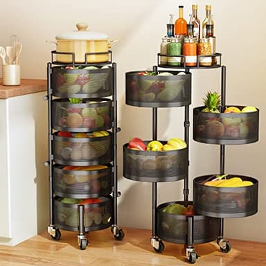 SAYZH Fruit Vegetable Basket for Kitchen, Rotating Storage Rack, 5 Tier Rolling Cart with top lid, Large Metal Wire Wheels, Black - Image 1