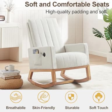 VECELO Rocking Chair Nursery Upholstered Modern Glider Rocker with Padded Seat High Backrest USB Port Comfy Armchair and Side Pocket for Living Room Bedroom Balcony Offices, White - Image 7