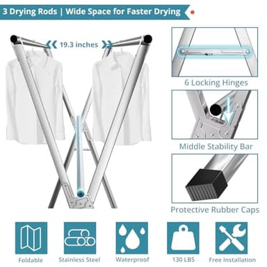 JAUREE 95 Inches Clothes Drying Rack, Drying Rack Clothing Folding Indoor Outdoor, Heavy Duty Stainless Steel Laundry Rack, Foldable Portable Large Clothes Rack Garment Rack with 20 Windproof Hooks - Image 5