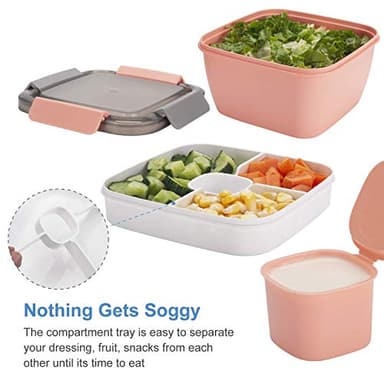Freshmage Salad Lunch Containers To Go, 2 Pack 52-oz Bowls with 3 Compartments, Dressing Containers for Toppings, Snacks - Pink & Green - Image 3