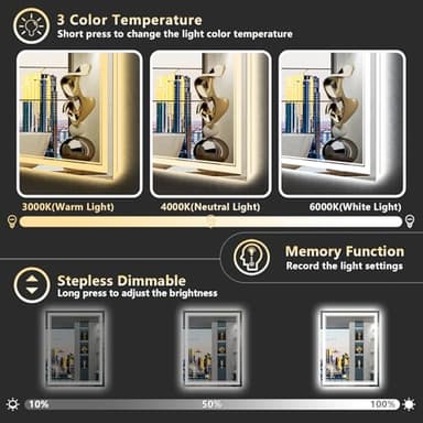 AWANDEE 30x36 LED Bathroom Mirror with Lights, Backlit & Front Lit, Anti-Fog Lighted Vanity Mirror for Bathroom Wall, 3 Colors, Dimmable, Memory, HD Tempered Glass, Shatter-Proof, Horizontal/Vertical - Image 4
