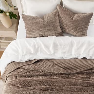 EVERGRACE Velvet Quilt Set King Size, Luxurious Soft Striped Channel Bedding Set, Lightweight Velvet Comforter for All Season, Oversized Bedspread Coverlet with 2 Matching Shams, Mocha Brown - Image 3