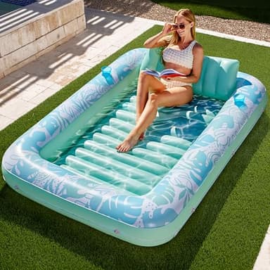 SLOOSH Inflatable Tanning Pool Lounger Float,85" x 57" Extra Large Pool Floats Adult with Pillow,4 in 1 Suntan Tub Raft Floatie,Sunbathing Bed Lounge Blow Up Ball Pit Party Gifts,XL-Cyan White - Image 1