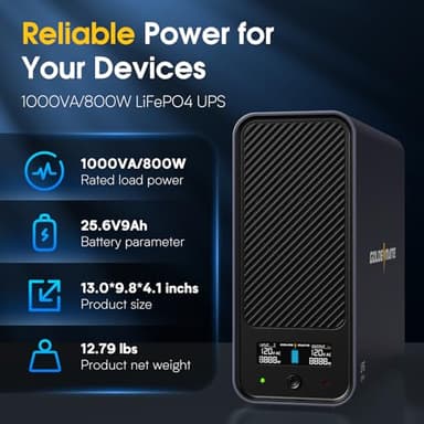 GOLDENMATE 1000VA/800W Lithium UPS Battery Backup & Surge Protector, Backup Battery Power Supply with LiFePO4 Batteries(230.4 Wh), Sinewave UPS System, 10 Years Lifespan, 8 Ports, LCD Display, Gray - Image 3