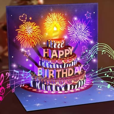 INPHER Birthday Cards Fireworks Pop Up Cake Light and Music Happy Birthday Gifts Decorations for Women, Men, Mom, Grandma - Image 1
