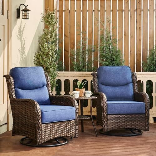 HILLGA Luxury Outdoor Swivel Rocker Patio Chairs of 2 with 6 Inch Thick Cushions and Side Table, Swivel Outdoor Chairs 3PCS High Back Wicker Patio Furniture Set for Porch, Balcony, Deck in Blue - Image 1
