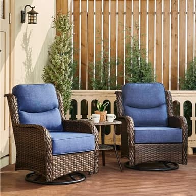 HILLGA Luxury Outdoor Swivel Rocker Patio Chairs of 2 with 6 Inch Thick Cushions and Side Table, Swivel Outdoor Chairs 3PCS High Back Wicker Patio Furniture Set for Porch, Balcony, Deck in Blue - Image 1
