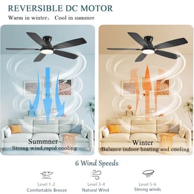 JSAITEE Ceiling Fans with Lights, 52 Inch Low Profile Ceiling Fan with Light and Remote Control, Flush Mount, DC Reversible Motor, Noiseless, Black 6 Speeds Ceiling Fan for Bedroom - Image 4