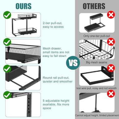 Housolution 2 Pack Under Sink Organizer, 2 Tier Metal Pull Out Under Sink Storage with Sliding Mesh Drawers, Height Adjustable Slide Out Under Sink Organizer for Kitchen Bathroom Cabinet, Black - Image 6