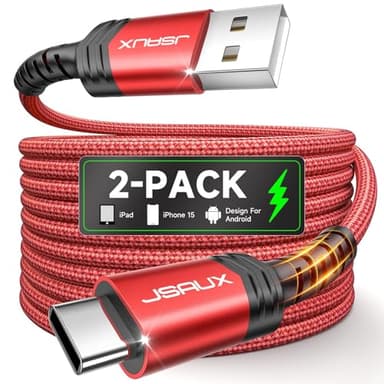 JSAUX USB C Cable [2-Pack 6.6ft], USB A to USB Cord Fast Charging for iPhone 17, iPhone Air, iPhone 17 Pro, iPhone 17 Pro Max, iPhone 16/iPhone 15 Series, Samsung S20 S10, Note 20 10, Car Play - Red - Image 1