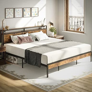 LIKIMIO King Size Bed Frame, Platform Bed with 2-Tier Storage Headboard, Solid and Stable, Noise Free, No Box Spring Needed, Easy Assembly, Vintage Brown - Image 3