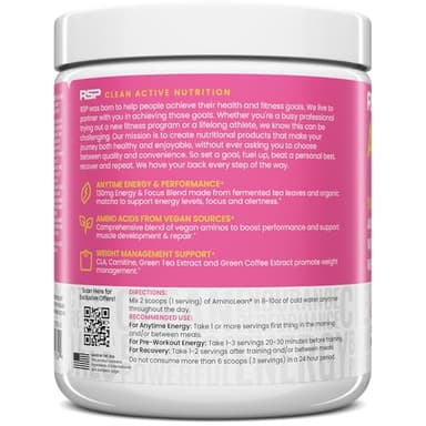 RSP NUTRITION AminoLean Pre Workout Powder, Amino Energy & Weight Management with Vegan BCAA Amino Acids, Natural Caffeine, Preworkout Boost for Men & Women, 30 Serv, Pink Lemonade… - Image 2