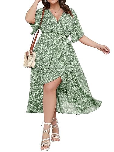 SCOMCHIC Women's Plus Size Long Dresses Short Sleeve High Low Split Flowy Beach Maxi Dress Green 3XL - Image 1