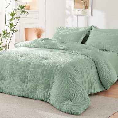 HYMOKEGE Sage Green Queen Comforter Set Seersucker 7 Pieces, All Season Luxury Bed in a Bag for Bedroom, Bedding Set with Comforters, Sheets, Pillowcases & Shams - Image 8