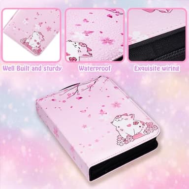 CLOKORIA Card Binder for Girls Gifts,440 Cards Collectible Trading Card Holder Case with 55 Sleeves, 4 Pocket for TCG Game Cards Collection Sports Trading Cards Collector Album (Sakura cat) - Image 5