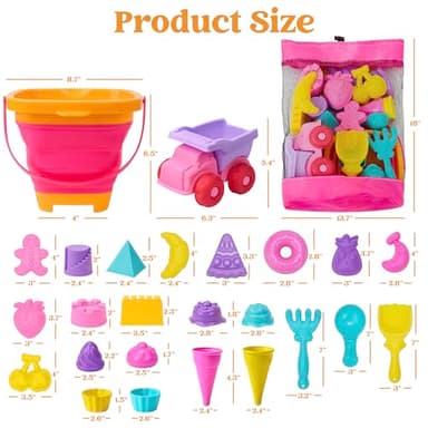 Sloosh Beach Sand Toys Set - Pink Dump Truck Car Toy with Sand Molds, Collapsible Buckets Mesh Bag Shovels Castle Ice Cream Mold for Ages Kids Toddlers Sandbox Toys Gifts Travel Vacation (Foods) - Image 7