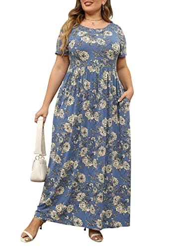 Nemidor Plus Size Maxi Dresses for Curvy Women Summer Casual Loose Short Sleeve Long Beach Dress with Pocket(149,18,Blue Apricot) - Image 1