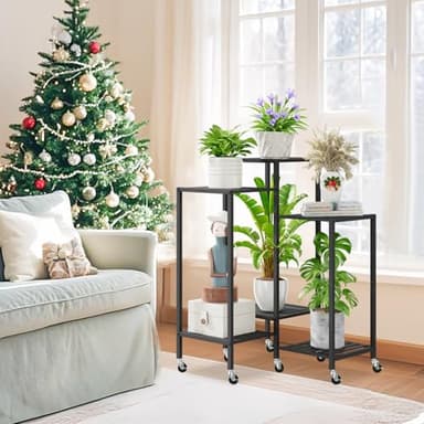 iDavosic.ly 6 Tier Plant Stand Indoor with Wheels, Metal Tiered Corner Flower Holder Shelf Outdoor for Large Pots, Tall Rolling Rack for Patio Porch Garden Balcony Living Room, Modern Black - Image 2