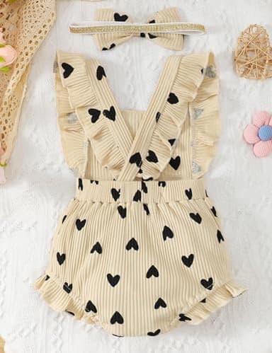Fullfamous Infant Baby Girl Clothes Outfits Romper Spring Summer Clothing Onesie Bodysuit Jumpsuit ropa de bebe niña Ecru with Heart 0-3 Months - Image 3