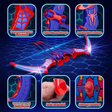 Spider Toys for Boys Age 3-4 4-6 6-8 8-12, Kids Toy BowArrow Shooting Set with Red & Blue LED Lights, Spider Quiver & Web Target, 8 Suction Cup Arrows, Toys Gifts for 3 4 5 6 7 8 9 10 12 Year Old Boys - Image 3