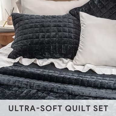RECYCO Luxury Velvet Quilt Set King Size Bedding Sets, Ultra Soft Velvet Comforter Set, Lightweight Channel Box Stitch Oversized Bedspread Coverlet for All Season, with 2 Shams, Black - Image 4