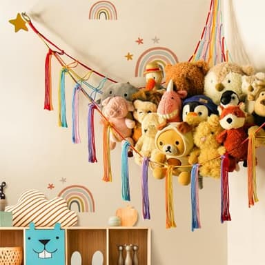 Stuffed Animal Hammock Corner Storage Net Cute Preppy Trendy Stuff Gifts for Teen Girls Baby Room Wall Nursery Decor Rainbow Color Colorful Unicorn Hanging Organizers XL Large - Image 4