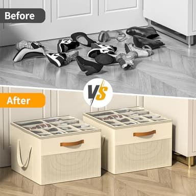 Aokeyee Shoe Storage Organizer for Closet, Large Shoe Box Storage Containers with Clear Cover and Reinforced Handles, Foldable Shoe Storage Organizer Box Bin, Fits to 12-16 Pairs, 2 Pack (Beige) - Image 3