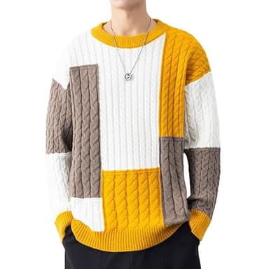 SINAR Men Sweater Vintage Cable Knit Sweater Winter Casual Crew Neck Knitwear Pullover Sweater Men (US, Alpha, Small, Regular, Regular, Yellow) - Image 2