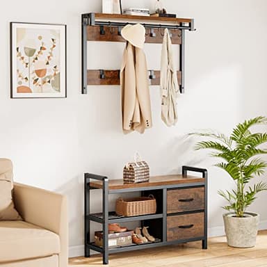 Lulive Hall Tree, 31.5” Entryway Bench with Coat Rack freestanding, 5 in 1 Intelligent Design Shoe Bench and Wall Rack 17 Hooks and Drawers (Rustic Brown) - Image 9