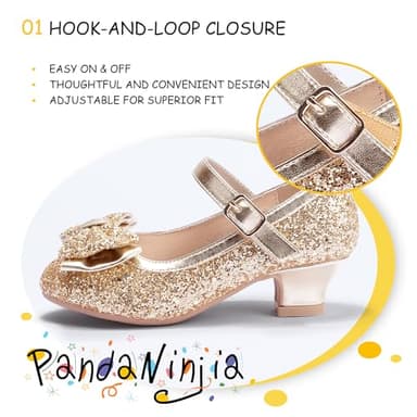 PANDANINJIA Girls Dress Shoes Toddler Heels Ruby Bow Mary Jane Low Heels Flower Girl Party Pumps Wedding Princess Shoes for Toddler/Little Kid/Big Kid (Gold Sequin, 1 M US Little Kid) - Image 2