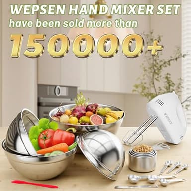 5-Speed Electric Hand Mixer, 4 Large Mixing Bowls Set, Handheld Mixers with Whisks Beater, Stainless Steel Metal Nesting Bowl Measuring Cups Spoons Kitchen Cake Blender for Baking Supplies - Image 2