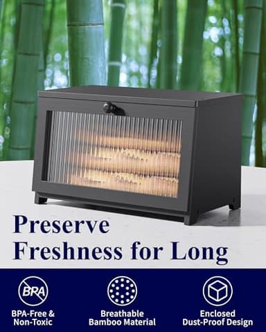 Kitsure Bread Box - Wooden Bread Box for Kitchen Countertop, Large Capacity Kitchen Countertop Organizer, Stylish Bread Storage with Window, Multi-functional Container, Black, 15.0"x8.3"x9.1" (1T) - Image 4