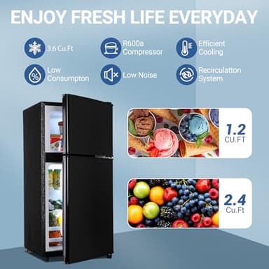 Apartment Size Fridge with Freezer 3.6 Cu. Ft. Mini Refrigerator with Freezer, Small Dorm Fridge Adjustable Thermostat & Shelves Small Refrigerator with Freezer for College, Office, Kitchen, Black - Image 4