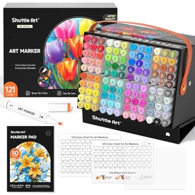 Shuttle Art 121 Colors Alcohol Markers, 120 Colors Dual Tip Art Marker Set Plus 1 Colorless Blender with Marker Case Perfect for Illustration Students Adult Coloring Sketching - Image 1
