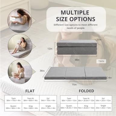 CH CHARME HOUSE Folding Mattress, 4 Inch Single Tri Folding Memory Foam Mattress for Camping Guest Bed, Washable Cover & Non-Slip Bottom, 75" x 25" x 4", Grey - Image 2