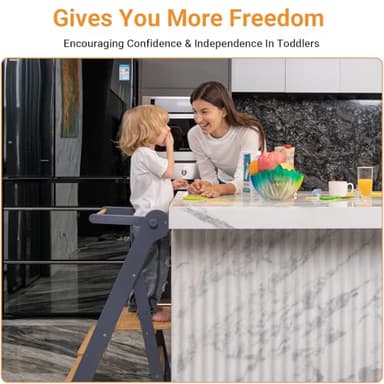 COSYLAND Foldable Toddler Standing Tower - Adjustable Height Folding Step Stool Kids Toddler Kitchen Stool Helper for Learning and Cooking - Ages 18 Months to 6 Years with Safety net Natural & Grey - Image 2