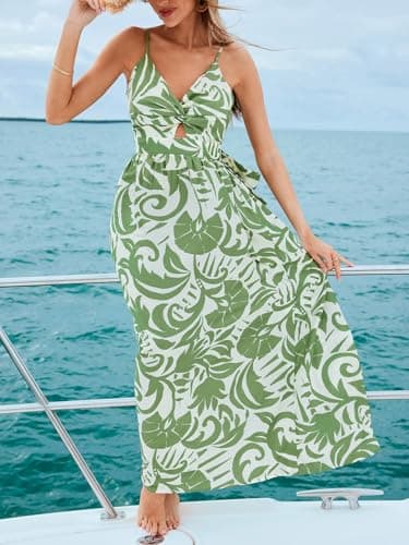 CUPSHE Women's Maxi Dresses V Neck Beach Paisley Sleeveless Cutout Formal Spaghetti Straps Casual Long Summer Dress Green Paisley, L - Image 4