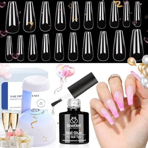 Beetles Gel Nail Kit Easy Nail Extension Set with 500Pcs Nail Tips Coffin Shape 5 In 1 Nail Glue Base Gel and Innovative Led Lamp Easy Diy Nails Art Home Gelly Tips - Image 1