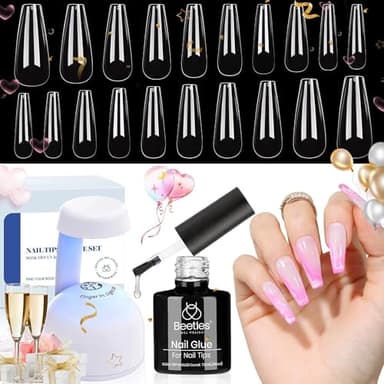 Beetles Gel Nail Kit Easy Nail Extension Set with 500Pcs Nail Tips Coffin Shape 5 In 1 Nail Glue Base Gel and Innovative Led Lamp Easy Diy Nails Art Home Gelly Tips - Image 1