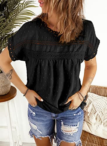 Dokotoo Summer Tops for Women Cute Lace Crochet Crewneck Short Sleeve Blouses Pom Pom Chiffon Babydoll Shirts for Women Teen Girls Casual Holiday Boho Clothing M Black - Image 4