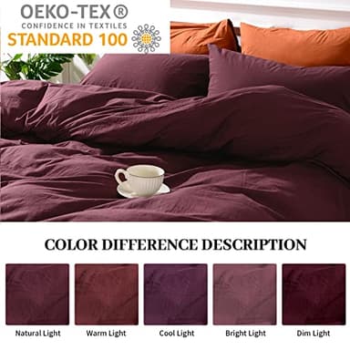 NEXHOME PRO Duvet Cover Set King Size Linen Look Textured Organic Natural 100% Washed Cotton Duvet Cover Burgundy Dark Red 3 Pieces Bedding Set with Zipper, Breathable, Soft (No Comforter) - Image 3