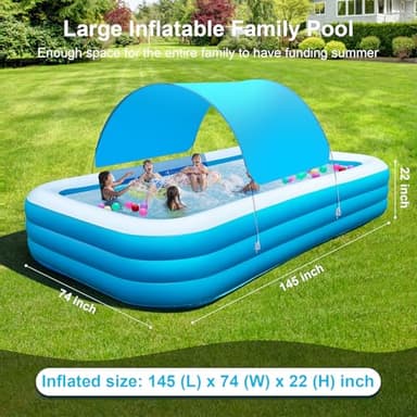 Large Inflatable Pool with Canopy - 145'' x 74'' x 22'' Oversized Thickened Blow Up Pool for Family, Extra Large Swimming Pool with Pump for Backyard, Garden and Outdoor Fun - Image 3
