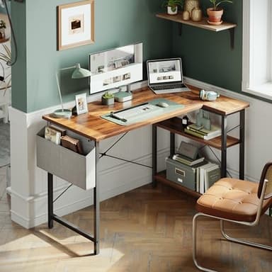 CubiCubi L Shaped Desk, 47 Inch Computer Desk with Reversible Storage Shelves Home Office Corner Desk Study Writing Table, Deep Brown - Image 2