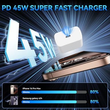 Phone 17 16 Pro Max Charger Fast Charging, 45W Super Fast USB C Charger Block with 10FT Extra Long Fast Charging Cable for 17 16 Pro Max/17 16/16 Plus,15 Pro Max/15 Pro/15, Android Phone-White+Black - Image 2