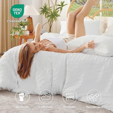 FreshCulture White Duvet Cover Queen Size, 3-Piece Seersucker Duvet Cover Set, Ultra Soft Microfiber Bedding for All Seasons, Zipper Closure&Corner Ties(90"x90" + 2 PillowSham 20"x26") - Image 2